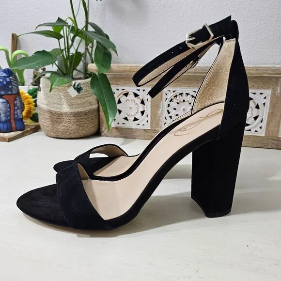 SAM EDELMAN Black Leather Suede Ankle Strap Block Heel Sandal Womens Sz 9.5 W - Picture 3 of 9